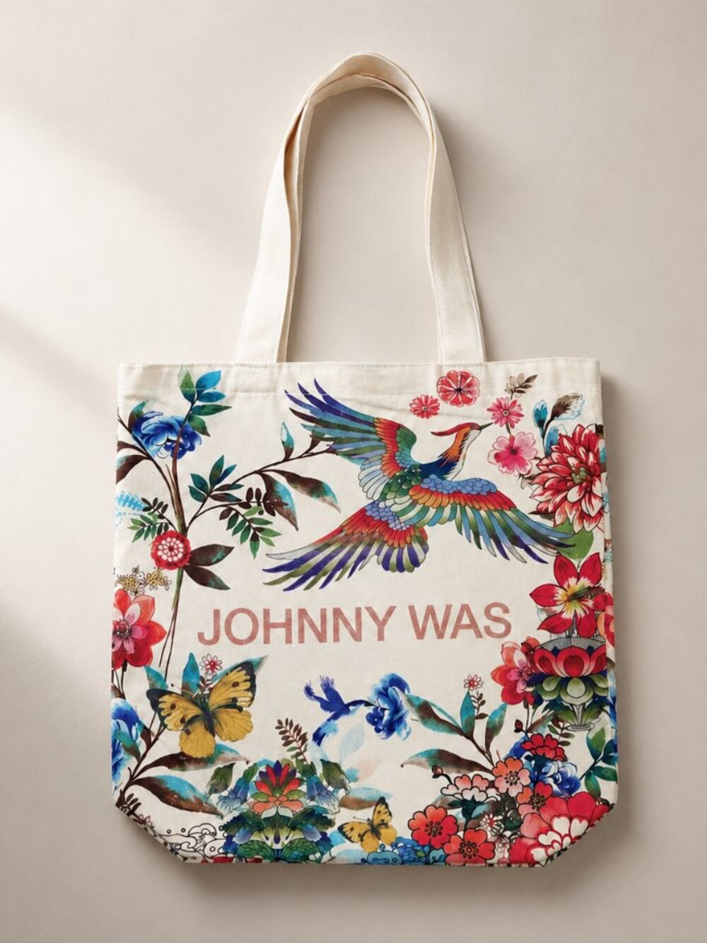 Johnny Was California Canvas Tote Bag Floral Bird Reusable Boho Shoulder Bag